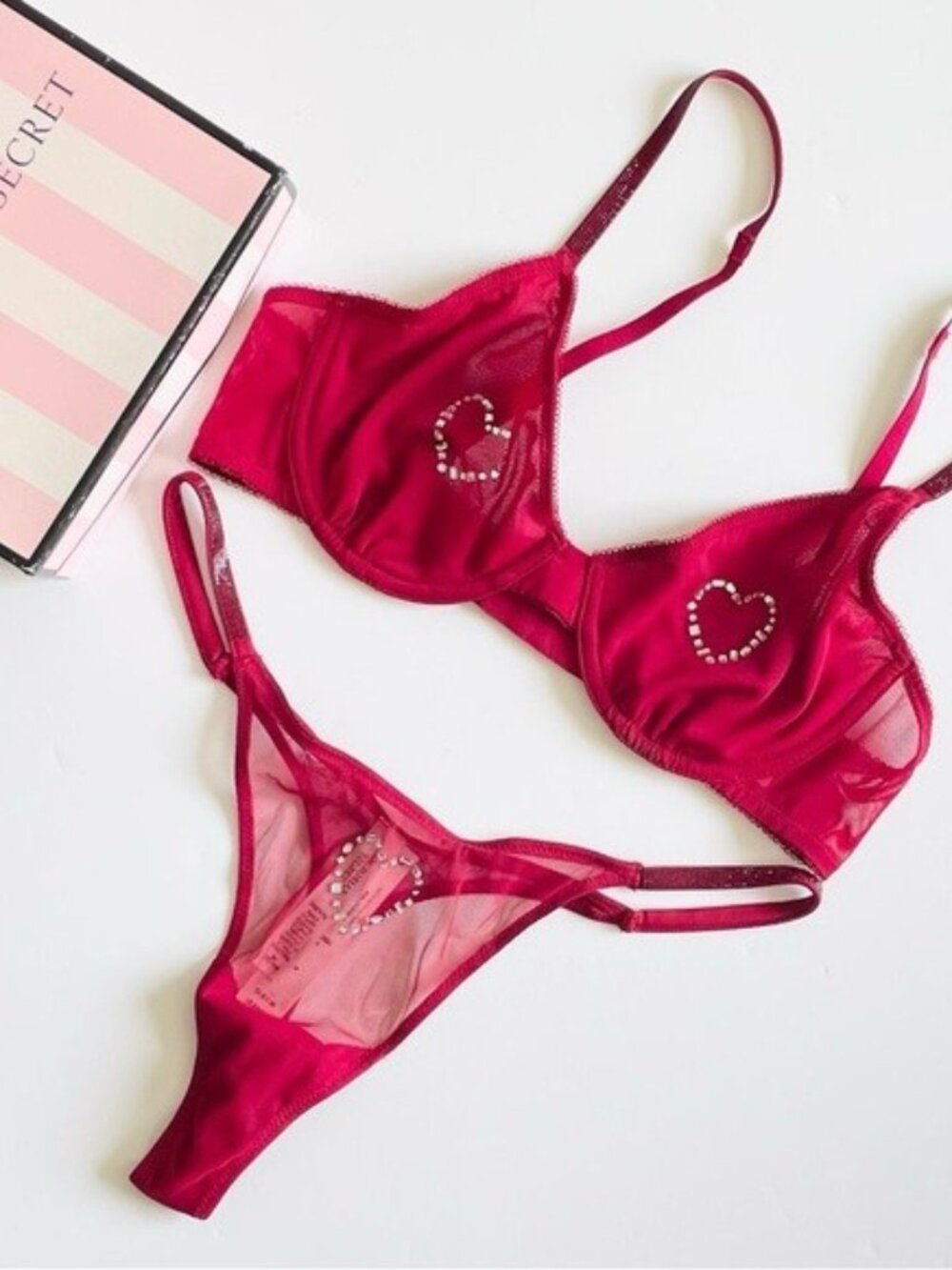 34C MEDIUM Victoria’s Secret ruby red heart bling demi bra set thong panties